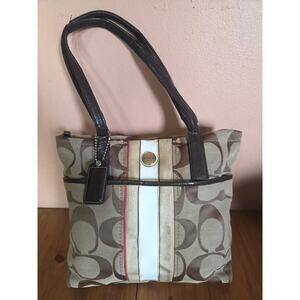 Authentic Coach Monogram Khaki and Vermillion Striped Shoulder Bag Tote Medium